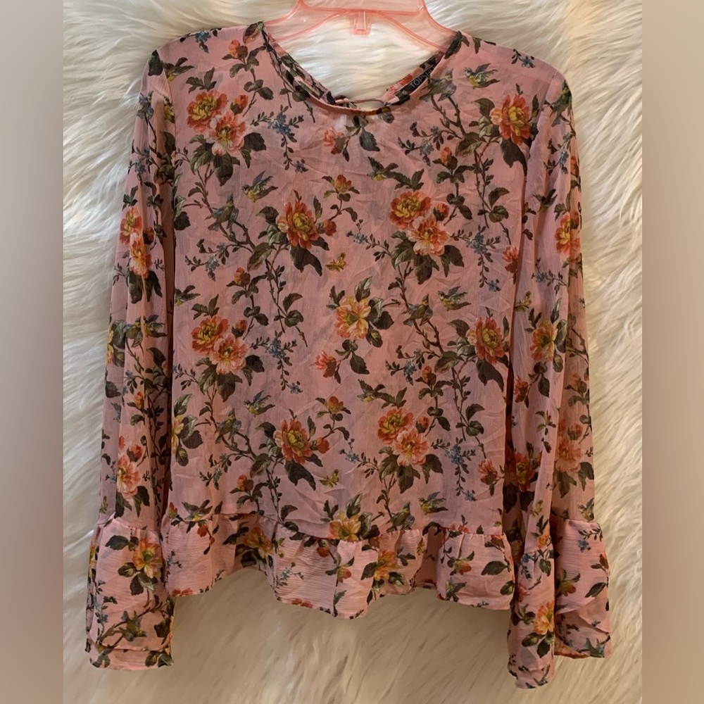 Topshop Ladies Floral Blouse Bell Sleeve Size 6 see measurements